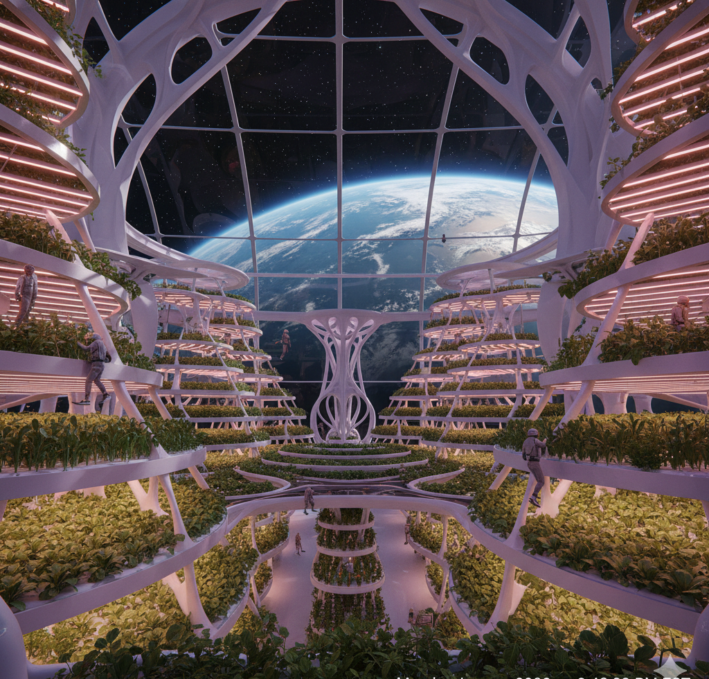Agricultural biodome within the Cathedral of Life — hydroponic cultivation zones with Earth visible through the structural canopy