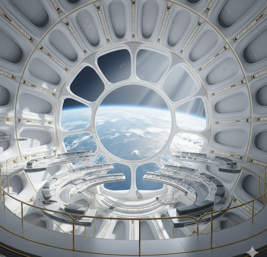 The Cathedral of Life interior — a grand assembly space with Earth visible through a biomimetic viewport structure