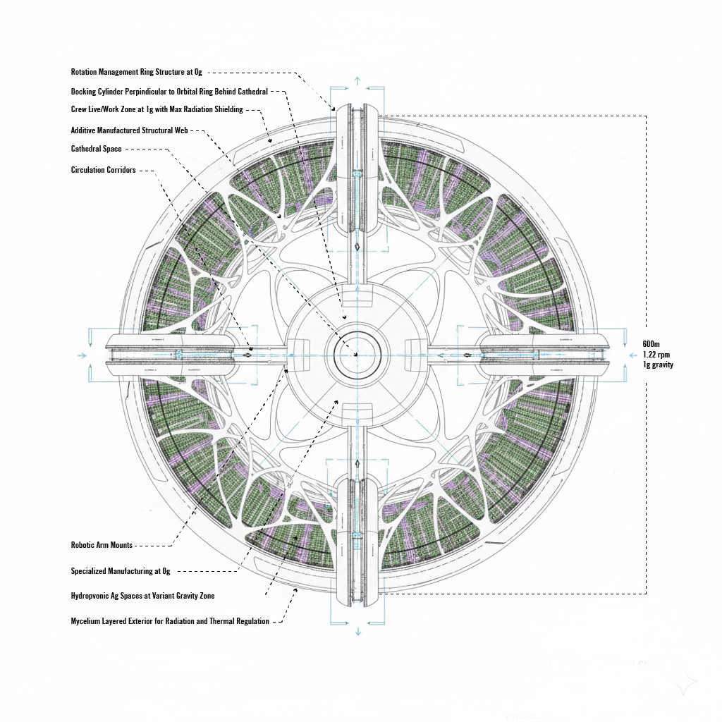 Annotated plan view of The Cathedral of Life showing structural systems, gravity zones, and functional areas