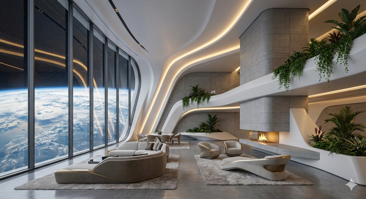 Living quarters within the Cathedral of Life — biophilic design with Earth-facing viewports and integrated plant life